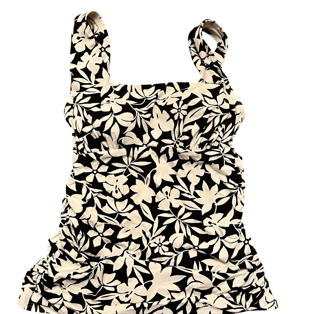Lands End Tankini Top Womens Black White Floral Ruched Square Neck Medium